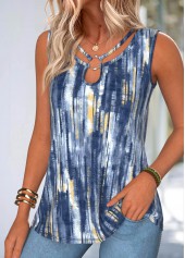 Navy tops,Geometric tops,ROTITA Tummy Coverage Geometric Print Navy Round Neck Tank Top