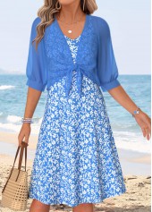 Robe et cardigan deux pièces à imprimé floral bleu Rotita col en V
