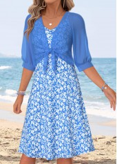 Blue dresses,Floral dresses,Plants dresses,Vacation dresses,Vacation dresses,ROTITA Blue Floral Print Two-piece V Neck Dress and Cardigan