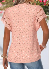 Dusty Pink tops,Plain Color tops,ROTITA Patchwork Dusty Pink Split Neck Short Sleeve Blouse