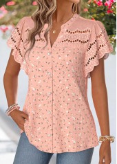 Dusty Pink tops,Plain Color tops,ROTITA Patchwork Dusty Pink Split Neck Short Sleeve Blouse