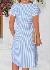 Light Blue dresses,Striped dresses,Geometric dresses,Vacation dresses,Vacation dresses,ROTITA Light Blue Striped Tummy Coverage Short V Neck Dress