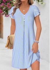 ROTITA Light Blue Striped Tummy Coverage Short V Neck Dress