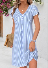 Light Blue dresses,Striped dresses,Geometric dresses,Vacation dresses,Vacation dresses,ROTITA Light Blue Striped Tummy Coverage Short V Neck Dress