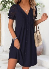 Navy dresses,Plain Color dresses,Vacation dresses,Vacation dresses,ROTITA Navy Tuck Stitch Short V Neck Dress