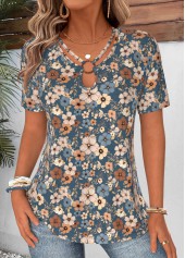 Rotita T-Shirt mit geschwungenem Saum Blumenmuster und Pfauenblau