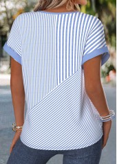 Blue tops,Geometric tops,ROTITA Tummy Coverage Geometric Print Blue Split Neck Blouse