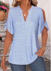 Blue tops,Striped tops,Geometric tops,ROTITA Curved Hem Striped Blue Split Neck Half Sleeve Blouse