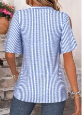 Blue tops,Striped tops,Geometric tops,ROTITA Curved Hem Striped Blue Split Neck Half Sleeve Blouse