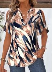 ROTITA Curved Hem Geometric Print Multi Color Split Neck Blouse