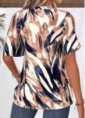 Multi Color tops,Geometric tops,ROTITA Curved Hem Geometric Print Multi Color Split Neck Blouse