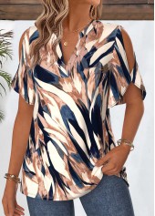 Multi Color tops,Geometric tops,ROTITA Curved Hem Geometric Print Multi Color Split Neck Blouse