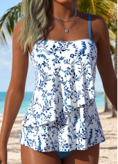 Ensemble tankini taille mi-haute à imprimé floral discret bleu Rotita