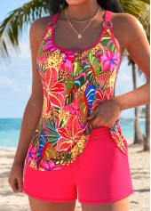 ROTITA Coral Pocket Tropical Plants Print Mid Waisted Tankini Set