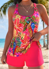 Coral swimwear,Plants swimwear,ROTITA Coral Pocket Tropical Plants Print Mid Waisted Tankini Set