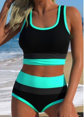 Cyan swimwear,Plain Color swimwear,ROTITA Cyan Layered High Waisted Bikini Set