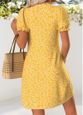 Yellow dresses,Ditsy Floral dresses,Vacation dresses,Vacation dresses,ROTITA Yellow Ditsy Floral Print Tuck Stitch Short Dress