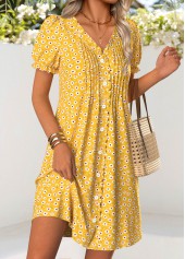 Yellow dresses,Ditsy Floral dresses,Vacation dresses,Vacation dresses,ROTITA Yellow Ditsy Floral Print Tuck Stitch Short Dress