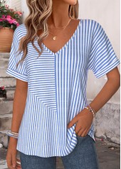 Blue tops,Striped tops,Geometric tops,ROTITA Curved Hem Striped Blue V Neck T Shirt
