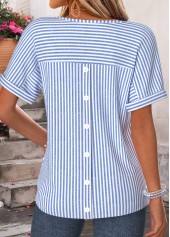 ROTITA Curved Hem Striped Blue V Neck T Shirt