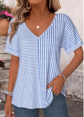 Blue tops,Striped tops,Geometric tops,ROTITA Curved Hem Striped Blue V Neck T Shirt