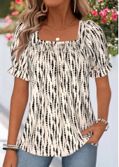 ROTITA Smocked Polka Dot Beige Square Neck Short Sleeve Blouse