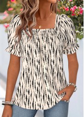 Beige tops,Dot tops,ROTITA Smocked Polka Dot Beige Square Neck Short Sleeve Blouse