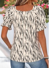 Beige tops,Dot tops,ROTITA Smocked Polka Dot Beige Square Neck Short Sleeve Blouse
