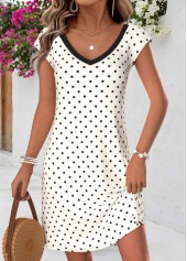 Beige dresses,Dot dresses,Everyday dresses,Casual dresses,ROTITA Beige Polka Dot Tummy Coverage Short V Neck Dress