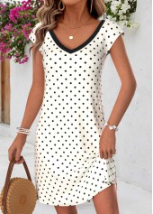 Beige dresses,Dot dresses,Everyday dresses,Casual dresses,ROTITA Beige Polka Dot Tummy Coverage Short V Neck Dress