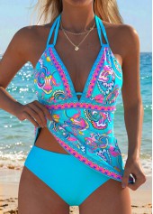Rotita Cyan Tankini-Set mit Schnürung Ethno-Print und mittelhohem Bund