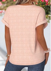 Light Pink tops,Plain Color tops,ROTITA Patchwork Light Pink Split Neck Short Sleeve Blouse