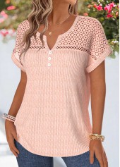 Light Pink tops,Plain Color tops,ROTITA Patchwork Light Pink Split Neck Short Sleeve Blouse