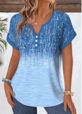 Blue tops,Ombre tops,ROTITA Tummy Coverage Ombre Blue Split Neck Short Sleeve Blouse