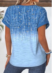 Blue tops,Ombre tops,ROTITA Tummy Coverage Ombre Blue Split Neck Short Sleeve Blouse
