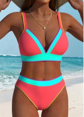 Multi Color swimwear,Plain Color swimwear,ROTITA Multi Color Contrast Piping High Waisted Bikini Set