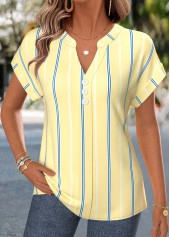 ROTITA Curved Hem Striped Light Yellow Split Neck Blouse