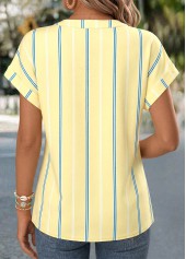 Light Yellow tops,Striped tops,Geometric tops,ROTITA Curved Hem Striped Light Yellow Split Neck Blouse