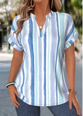 ROTITA Tummy Coverage Geometric Print Light Blue V Neck Blouse