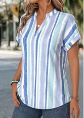 Light Blue tops,Geometric tops,ROTITA Tummy Coverage Geometric Print Light Blue V Neck Blouse