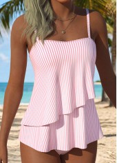 ensemble tankini rose à rayures superposées taille mi-haute Rotita