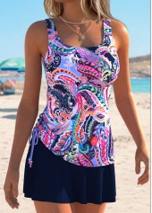 Multi Color swimwear,Paisley swimwear,ROTITA Multi Color Drawstring Paisley Print Mid Waisted Tankini Set