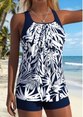 Blue swimwear,Plants swimwear,ROTITA Blue Two-piece Tropical Plants Print Mid Waisted Tankini Set