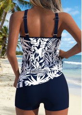 Blue swimwear,Plants swimwear,ROTITA Blue Two-piece Tropical Plants Print Mid Waisted Tankini Set