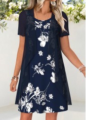 Robe courte et cardigan deux pièces imprimé floral marine Rotita