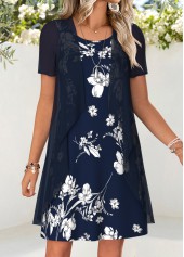 Navy dresses,Floral dresses,Plants dresses,Vacation dresses,Vacation dresses,ROTITA Navy Floral Print Two-piece Short Dress and Cardigan