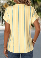 Yellow tops,Striped tops,Geometric tops,ROTITA Tummy Coverage Striped Yellow V Neck Short Sleeve Blouse