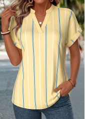 Yellow tops,Striped tops,Geometric tops,ROTITA Tummy Coverage Striped Yellow V Neck Short Sleeve Blouse