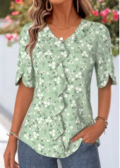ROTITA Curved Hem Ditsy Floral Print Sage Green Blouse