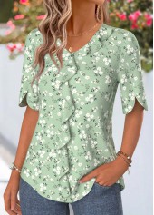 Sage Green tops,Ditsy Floral tops,ROTITA Curved Hem Ditsy Floral Print Sage Green Blouse